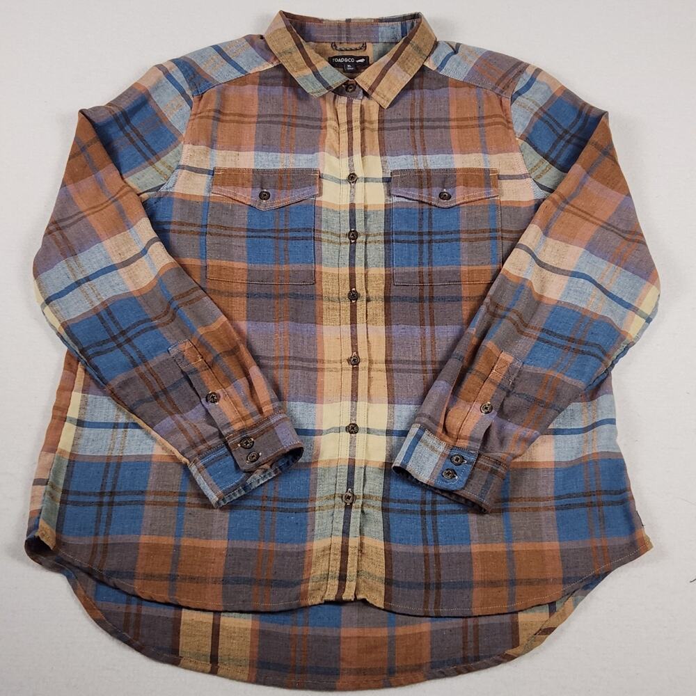 Toad & Co Reform Flannel Shirt Womens Size XL Rust Blue Long Sleeve Casual
